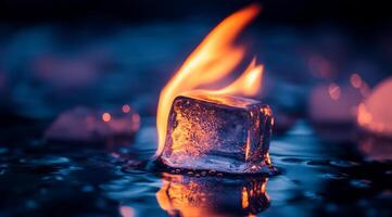 A striking image showcases an ice cube engulfed in vibrant flames, highlighting the intense contrast between fire and ice in a mesmerizing artistic way that captures the viewers attention photo
