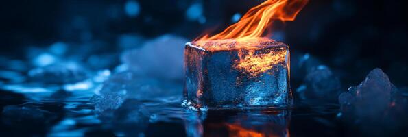 An ice cube against vibrant flames highlights the striking contrast between fire and ice, creating a captivating visual spectacle that enchants all who witness this extraordinary scene photo