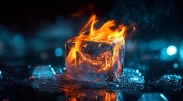 An ice cube set ablaze, beautifully illustrating the stark juxtaposition between raging fire and the frozen essence of ice, capturing the fascinating duality present in natures elements photo