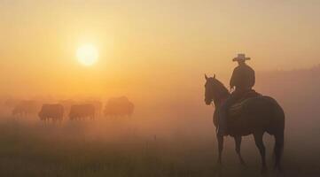 In the peaceful morning, a skilled cowboy guides a large herd of cattle on horseback through dense mist, as the rising sun illuminates the breathtaking landscape, creating a picturesque scene photo