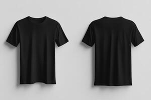 This mockup showcases a sleek black tshirt against a minimalist white wall, highlighting front and back views, ideal for presentations and various apparel displays or marketing materials photo