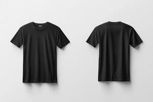 This black tshirt mockup effectively displays both the front and back views set against a clean white wall backdrop, making it ideal for design presentations and for showcasing your creative work photo