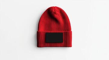 This stylish red knitted beanie features a sleek black unbranded label, making it a musthave accessory for fashion enthusiasts seeking unique, customizable designs that stand out photo