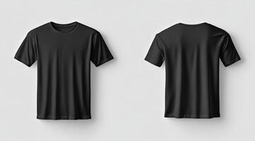 A detailed mockup of a black blank tshirt is presented prominently against a pristine white wall, highlighting both front and back views, making it perfect for various design and branding purposes photo