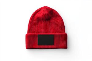 This stylish red knitted beanie is designed with a black unbranded mockup label, making it an ideal choice for various customization options or for personal use to elevate your fashion sense photo