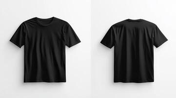 A blank black tshirt mockup is elegantly displayed against a clean white wall, showcasing both the front and back views for an optimal design presentation, perfect for a variety of creative uses photo