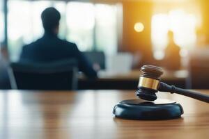 A gavel rests on a table, symbolizing justice in a courtroom setting with figures in the background. photo