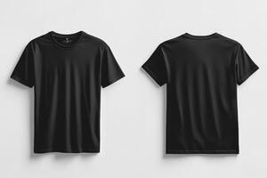 This stylish mockup showcases a black tshirt that displays both front and back views, elegantly set against a clean white wall, making it ideal for effectively showcasing various designs and apparel photo