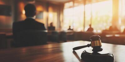 An intense and dramatic courtroom scene featuring an imposing gavel and the silhouette of a stern judge photo