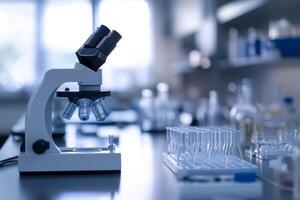 A clean lab table displays an advanced microscope, test tubes, and essential equipment, making it an ideal workspace for research and analysis in biology, chemistry, and healthcare photo