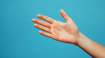 The image shows a closeup of a male hand with a rash linked to viral infections, featuring inflamed skin and distinct red spots on a contrasting blue background that effectively highlights them photo
