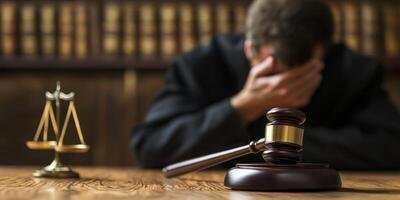 A visibly distressed judge in a courtroom, symbolizing the emotional toll that the pursuit of justice can take photo