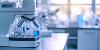 This image showcases a wellequipped laboratory table with a highquality microscope and essential instruments, highlighting a clean and organized space ideal for impactful research photo
