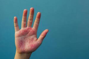 This image shows a hand with a noticeable rash and visible blisters, indicating a possible viral infection or allergic reaction, making it significant for medical discussions and analysis photo