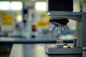A detailed closeup view of a microscope placed purposefully on a laboratory table, which highlights a professional scientific environment dedicated to rigorous research and intricate experimentation photo