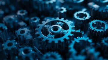 This closeup of interlocked blue metal gears symbolizes teamwork, precision, and mechanics essential for the optimal operation of machinery and equipment across various industries photo