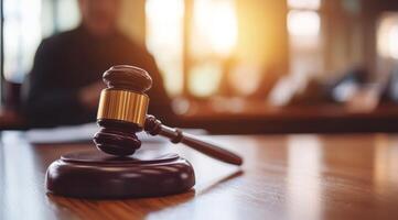 A gavel serves as a powerful symbol of justice and authority within a courtroom, emphasizing the core essence of law photo