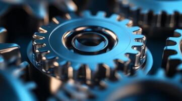 A closeup of interlocked blue metal gears highlights craftsmanship and precision, symbolizing teamwork and the synergy of machinery, leading to optimal performance and efficiency in industry photo
