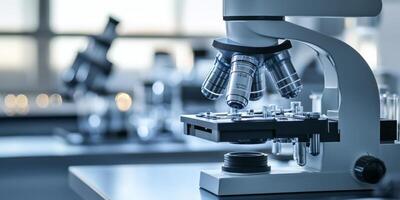 A closeup of an advanced microscope on a lab table, highlighting its role in diverse research and experiments, emphasizing the importance of precision in a professional environment photo