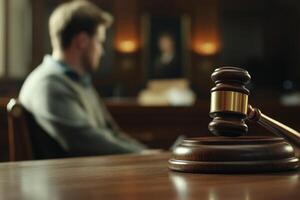 A somber and intense scene depicting a defendant in a tribunal court, deeply reflecting emotions of despair, guilt, and accountability amidst the harsh scrutiny of the judicial system photo