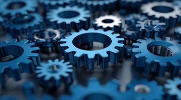 This image provides a detailed view of interlocked blue metal gears, which effectively symbolize teamwork and the importance of precision within machinery and engineering processes photo