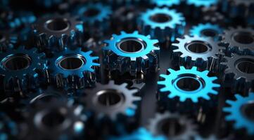 This detailed view of interlocked blue metal gears symbolizes teamwork and machinery efficiency, highlighting their intricate design, functionality, and operational prowess for optimum performance photo