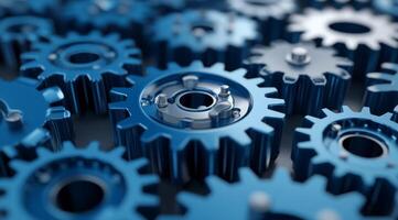 A closeup and detailed view of interlocked blue metal gears, showcasing their intricate design and the teamwork involved in the machinery and engineering fields to enhance efficiency and performance photo