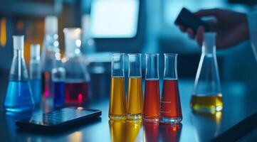 A wellorganized lab table displays vibrant chemical solutions in flasks and beakers, embodying the essence of scientific experimentation, exploration, and innovation across various fields photo