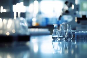This image provides a detailed closeup view of various laboratory glassware like flasks, showcasing the immaculate and wellorganized environment of a professional research laboratory setting photo