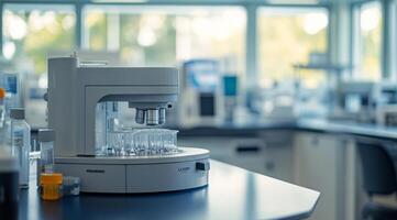 A wellorganized lab table displays advanced scientific equipment, including a precision instrument for experiments, surrounded by essential glassware for intricate processes and thorough analysis photo