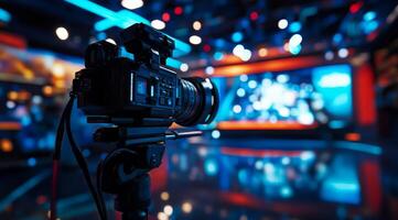A highquality camera is positioned in a vibrant studio with advanced lighting and modern equipment, perfect for professional broadcasting and innovating content that captivates viewers photo