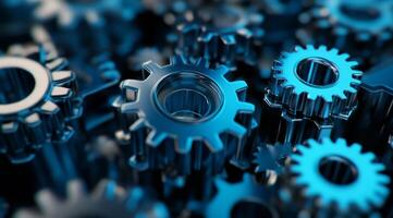 This closeup image showcases intricate blue metal gears, highlighting the sophisticated machinery design and emphasizing the importance of teamwork and collaboration in engineering for success photo