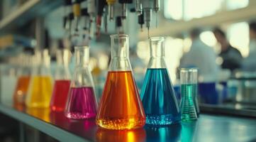 In a modern lab, colorful beakers with liquids highlight captivating experiments designed to inspire creativity and curiosity in students and researchers, promoting a deeper interest in science photo