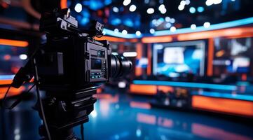 In a vibrant and lively television studio, you will find a highquality camera, an advanced broadcasting setup, dazzling bright lights, and a sleek, modern design that captivates the audience photo