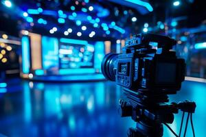 A professionalgrade camera has been meticulously arranged in front of a sophisticated television studio backdrop that showcases vibrant blue lighting along with a cuttingedge modern design photo