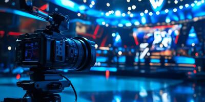 A highquality camera captures the thrilling energy of a bustling TV studio, enhanced by colorful lights and elegant design, creating an unforgettable visual experience for all photo