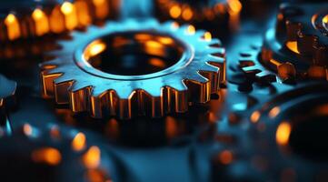 A detailed closeup view showcases interlocking blue metal gears which symbolize the essence of teamwork and the complex mechanics involved in machinerys operation and efficiency photo