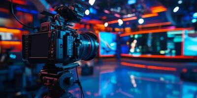 A highquality camera captures stunning scenes in a creatively designed studio, showcasing innovative lighting and the latest production technology for exceptional visual storytelling photo