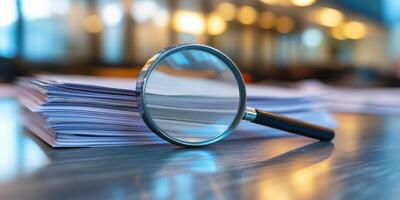 Using a magnifying glass on documents highlights the importance of detailed examination and research for achieving clarity and a deeper understanding of the material being analyzed photo