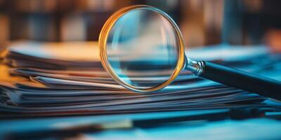 A tall stack of various important documents is being viewed intently through a magnifying glass, highlighting the crucial importance of detailed examination in both research and thorough analysis photo