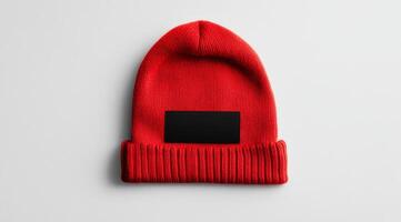 This stylish red knitted beanie is adorned with a black unbranded label, making it the perfect accessory for winter fashion enthusiasts and those who enjoy customization options for their outfits photo