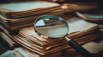 A large magnifying glass hovers thoughtfully over a sizable stack of aged documents, inviting a sense of discovery and deep investigation into the fascinating pages contained within photo