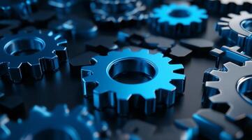 This closeup view shows interlocked blue metal gears, symbolizing teamworks importance in machinery success, while highlighting engineering feats and advancements in technology and design photo