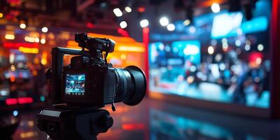 In a lively studio, a stateoftheart camera captures exciting live scenes against a colorful backdrop, illuminated by dynamic lights that enhance the productions visual appeal and excitement photo