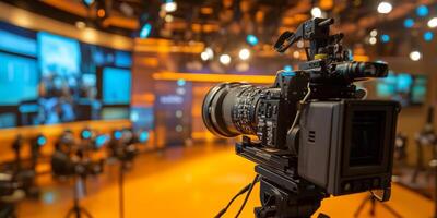 In a lively studio, a highquality camera alongside stateoftheart equipment creates a dynamic broadcast atmosphere, captivating viewers with engaging and entertaining content photo