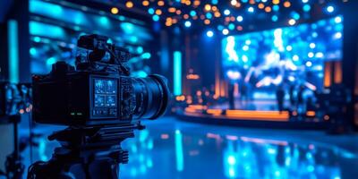 In a vibrant studio, a stateoftheart camera captures stunning visuals amid colorful lighting and a dynamic backdrop, perfect for diverse productions and creative projects photo