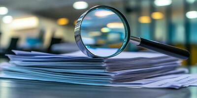 The image depicts a closeup of a neat stack of white documents under a magnifying glass, emphasizing the necessity of thorough examination and attention to detail in various tasks and professions photo