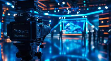 A highquality professional camera set in a vibrant television studio, illuminated with striking blue lighting, beautifully showcasing a contemporary broadcasting setup with advanced technology photo