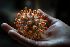An artistic illustration depicting a virus held in a human hand, representing the serious effects of various pathogens photo