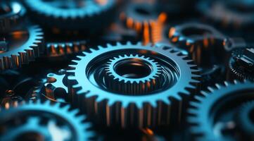 A closeup of interlocked blue metal gears showcases their intricate design and craftsmanship, representing themes of teamwork, collaboration, and precision engineering effectively photo